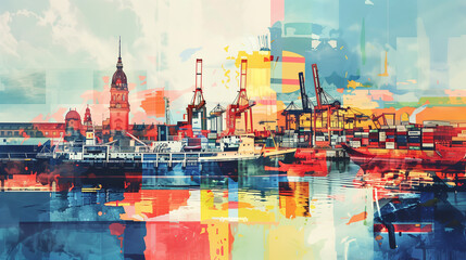Artistic collage showcasing the diverse sights of Hamburg, Germany, with a colorful mix of architecture, ships, and port activity