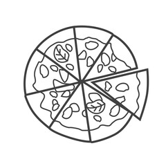Linear icon of a pizza slice, presented in a minimalist and clean black-and-white design, showing a classic fast-food favorite with a simple style.