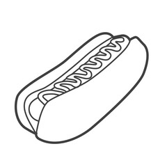 Linear icon of a hot dog, depicted in a simple and clean black-and-white design, illustrating the classic fast-food item in a minimalist style.