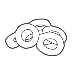 Linear icon of onion rings, depicted in a simple and clean black-and-white design, representing the popular fast-food side dish in a minimalist style.