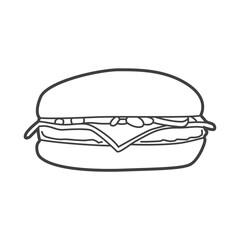 Linear icon of a cheeseburger, depicted in a simple and clean black-and-white design, representing the classic fast-food sandwich in a minimalist style.