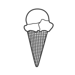 Linear icon of an ice cream cone, depicted in a simple and clean black-and-white design, illustrating the classic dessert in a minimalist style.