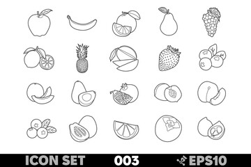 Set of 20 linear icons of various fruits in black-and-white design. Includes apples, bananas, oranges, pears, grapes, kiwis, mandarins, lemons, limes, pineapples, and more.