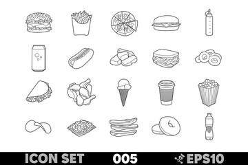 Set of 20 linear icons of popular fast food items and drinks in black-and-white design. Includes burgers, fries, pizza, soda, hot dogs, chicken nuggets, sandwiches, and more.