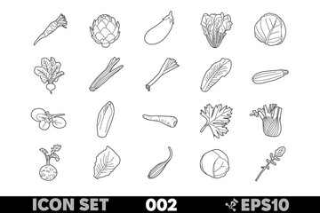 Set of 20 linear icons of various vegetables and greens in black-and-white design. Includes zucchini, parsnips, parsley, fennel, kohlrabi, celery, Swiss chard, radish, and more.