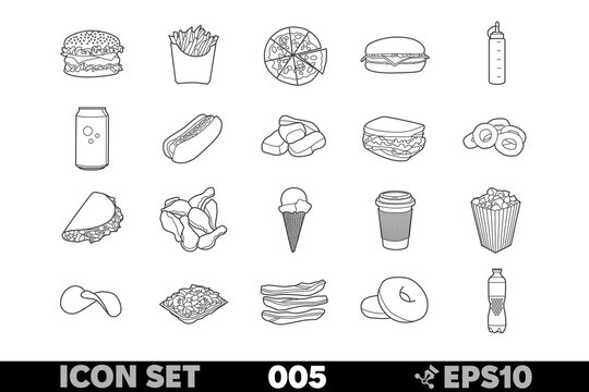 Set of 20 linear icons of popular fast food items and drinks in black-and-white design. Includes burgers, fries, pizza, soda, hot dogs, chicken nuggets, sandwiches, and more.