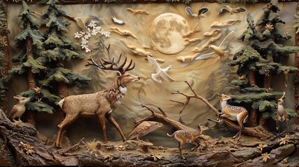delicately paint a serene scene of deer grazing in a sunlit meadow, intricately sculpt clay figurines of exotic birds perched on tree branches, and skillfully pen and ink drawings of wolves howling un