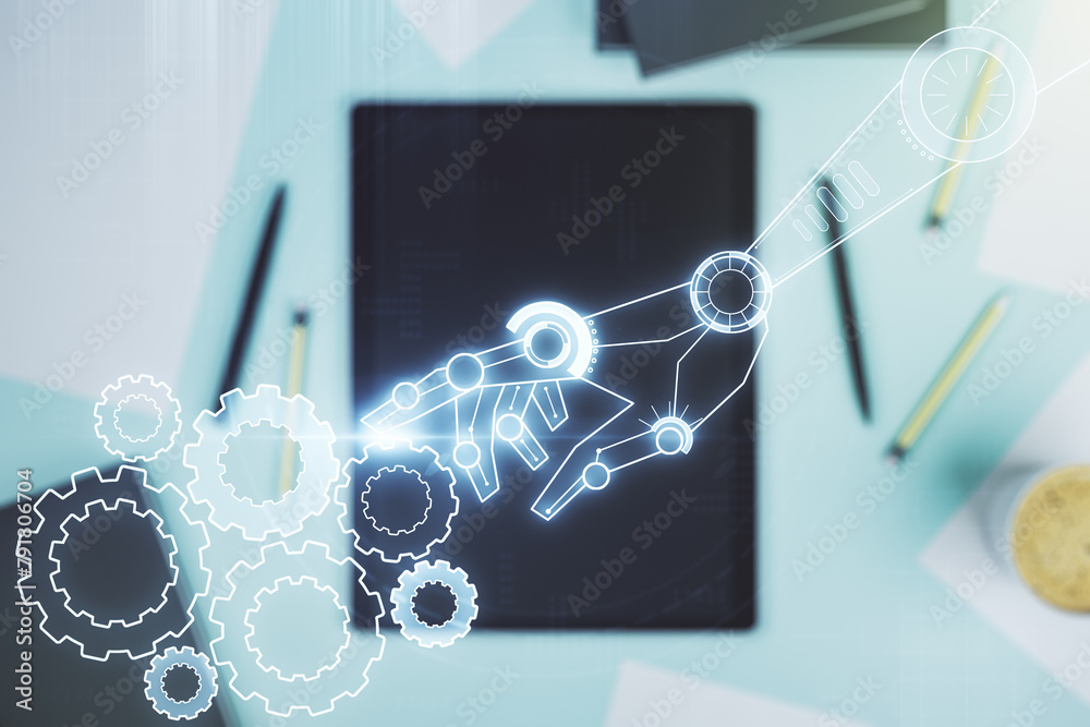 Leinwandbilder double exposure of robotics technology hologram and digital tablet on background, top view. research
