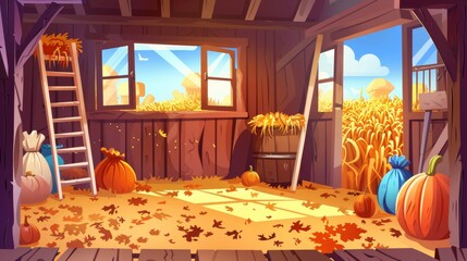 Modern cartoon interior of old wooden shed with haystack on loft, ladder, fork, bags and pumpkin. Country barnhouse for storage harvests. - obrazy, fototapety, plakaty