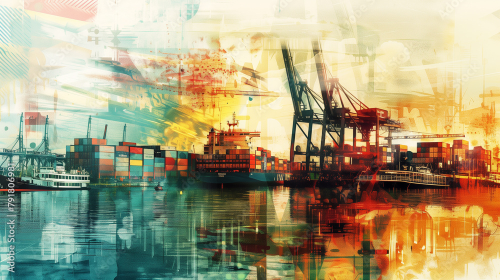 Wall mural artistic collage showcasing various iconic sights and elements of the maritime landscape of hamburg,