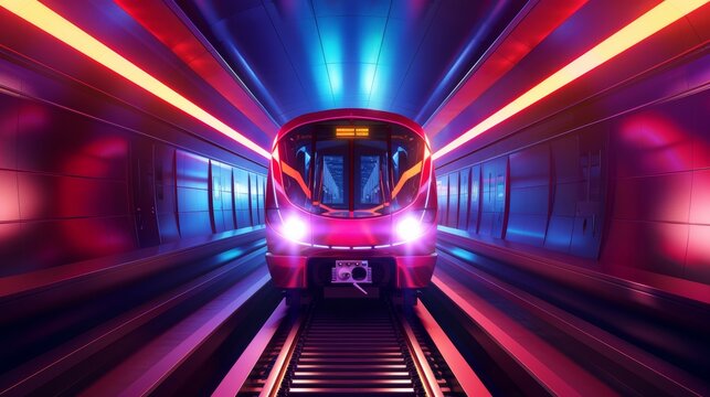 Commuter railway train in a metro tunnel, locomotive on rails with glowing headlights. A realistic 3D modern illustration of an underground train.