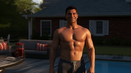 Smiling man with a developed torso  is standing in the yard near his house