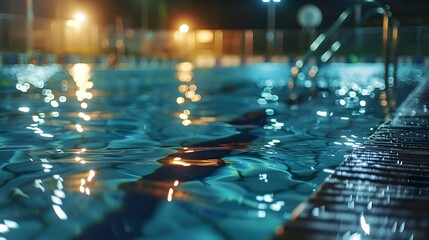 Captivating Nighttime Swimming Pool in Illuminated Stadium with Blurred Lights and Fans - obrazy, fototapety, plakaty