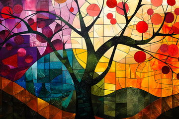 Paysage avec arbre et soleil, illustration