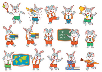 A successful student is a rabbit gold cup and a medal. Children hare thinking idea and chalkboard.Solves mathematical problem.Cute hare reads books.The rabbit plays the trumpet.Studying at school.