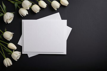 White blank condolence card with fresh flowers on the dark background. Empty place for a text.