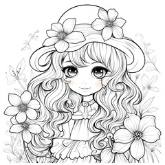 girl with flowers coloring page