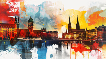 Creative and colorful collage featuring the iconic landmarks of Hamburg, Germany with a unique artistic twist