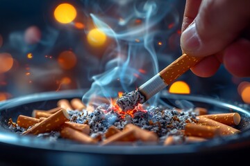 Generative AI : Smoldering cigarette in glass ashtray on dark wooden table against black background.