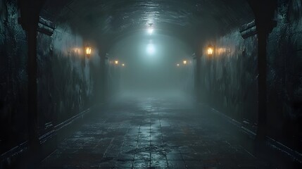 Dark and Mysterious Underground Tunnel Illuminated with Eerie Lights