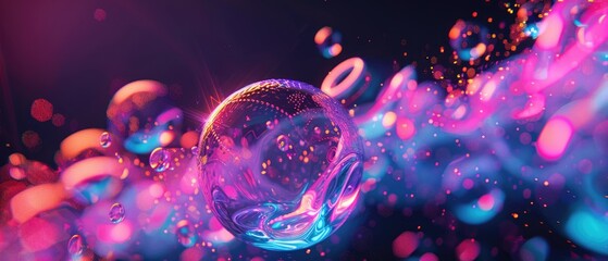 A mesmerizing 3D illustration of glowing neon bubbles in fluid shapes, with a spectrum of bright colors against a deep, dark backdrop, showcasing digital art creativity - obrazy, fototapety, plakaty