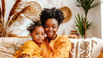 Jeune femme noire posant avec sa petite fille dans le canapé du salon