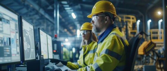 In a heavy industry manufacturing facility, a male industrial engineer works on his personal computer whilst a female manager discusses the project.