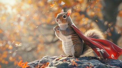 Superhero Squirrel in Autumn Splendor: Cape, Flare, and Foliage