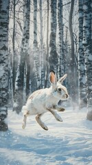 Fototapeta premium A white rabbit leaps energetically across a snowy forest landscape with birch trees