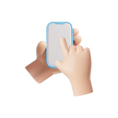 Holding phone in two hands 3D vector, touching mobile smartphone empty screen with forefinger, scrolling, swipe or click