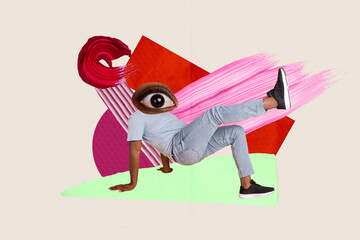 Artwork magazine collage picture of funky carefree guy eye instead of head having fun isolated...