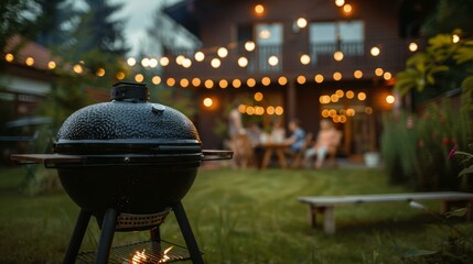 Charming summer barbecue evening with six friends enjoying dinner under warm string lights in cozy backyard. Copy space.