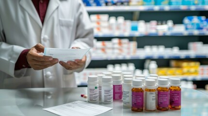 Dedicated pharmacist in white coat checking prescription in modern pharmacy surrounded by medicine bottles, health care concept.