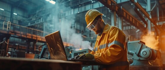 The heavy industry manufacturing factory is shown in the background, where welding/ metalworking processes are taking place. An industrial engineer wearing a hard hat is seen using a touch screen - obrazy, fototapety, plakaty