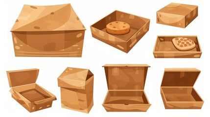 An empty cardboard box of different shapes isolated on a white background. A modern cartoon set of brown shipping boxes for parcels, shoes, and pizza delivery.