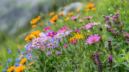 Vibrant wildflower meadow with mix of purple, yellow, and pink blooms in lush green setting, suggesting spring rebirth or a nature retreat.