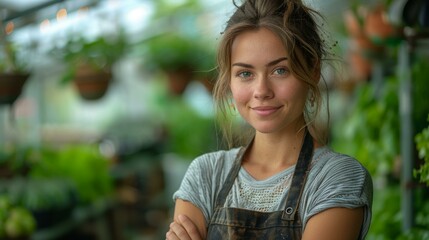 Charming young woman with arms crossed, smiling in vibrant greenhouse, surrounded by lush plants, embodying freshness and nature connection.