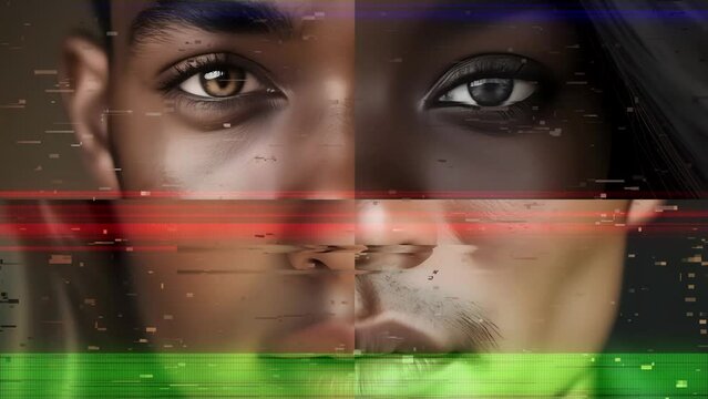Glitch and noise on Human faces composition timelapse. Diversity and uniqueness concept. Close up on faces looking into the camera.