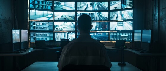 The Security Control Room Officer monitors multiple screens for suspicious activity. He protects an international logistics facility. - obrazy, fototapety, plakaty