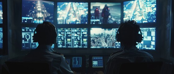 There are two security officers in the control room monitoring multiple screens, reporting all suspicious activities. They guard objects of national importance.