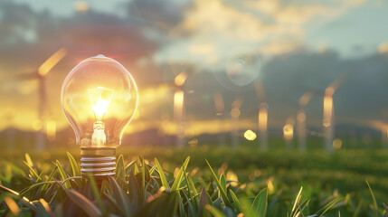 Lightbulb symbolizes renewable energy, illuminated amidst a field with wind turbines at sunrise
