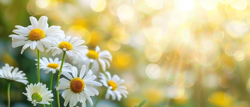 Bright Chamomile Blossoms Bask in Warm Sunlight, Bokeh Illumination Adds Enchantment.