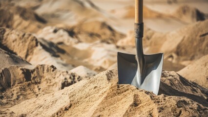 Photo shovel placed on a pile of sand for construction work it is used for scooping sand