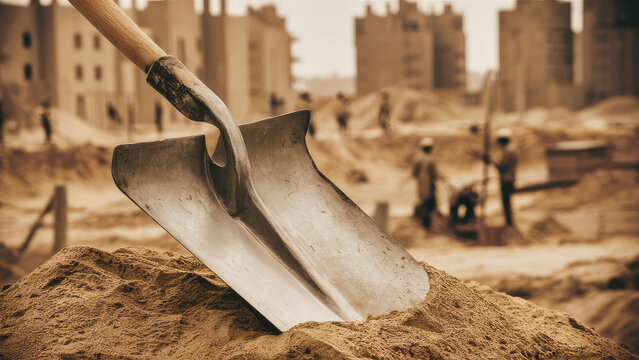 Photo shovel placed on a pile of sand for construction work it is used for scooping sand