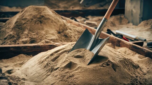 Photo shovel placed on a pile of sand for construction work it is used for scooping sand