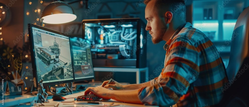 Poster engineer working on a personal computer with two displays. components manufacturing factory is visib