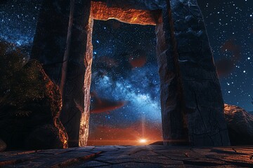 Professional and surreal, a cosmic portal opens under the starry night sky, captured in a wide, breathtaking angle,  - obrazy, fototapety, plakaty