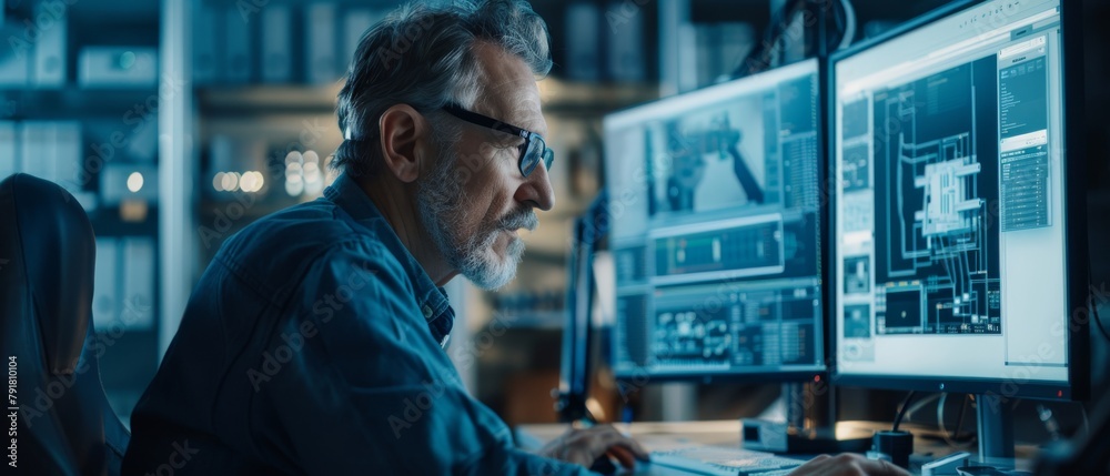 Poster designer has product discussion with senior engineer over cad program while working on new component