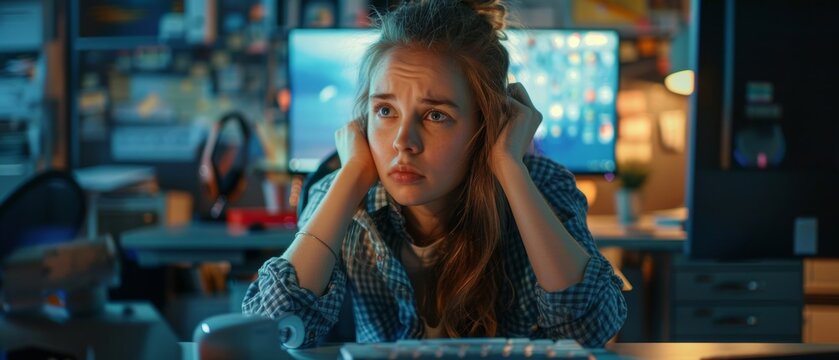 An overworked, tired female mobile app designer works on her computer. In the background, a creative office is in the background.
