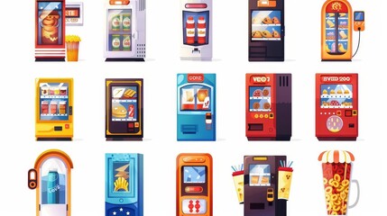 Various snack packages, popcorn, coffee, and cold drinks on white background. Vendor service, automatic retail products business concept. Cartoon modern illustration and icons set. - obrazy, fototapety, plakaty